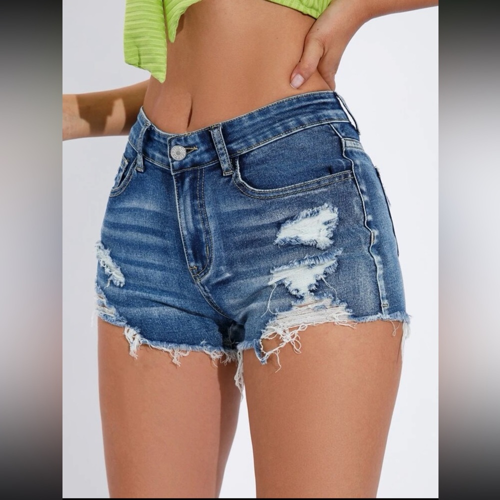 SHEIN Essnce Ripped Raw Trim Denim Shorts